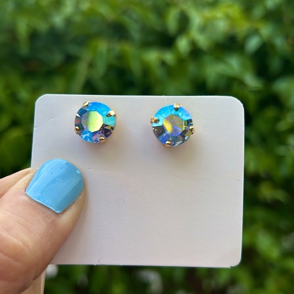Iridescent Blue + Gold Crystal Earrings - Picture 15 of 16